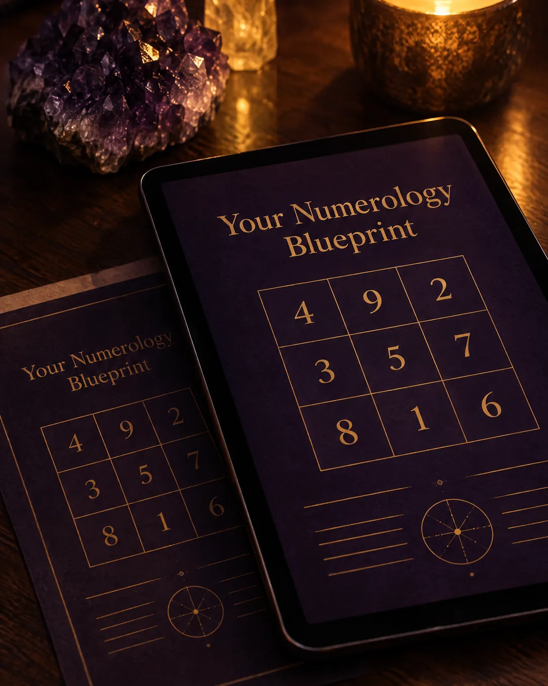 A tablet and a printed page on a candlelit desk, both showing a violet and gold report titled Your Numerology Blueprint with a three-by-three number grid.